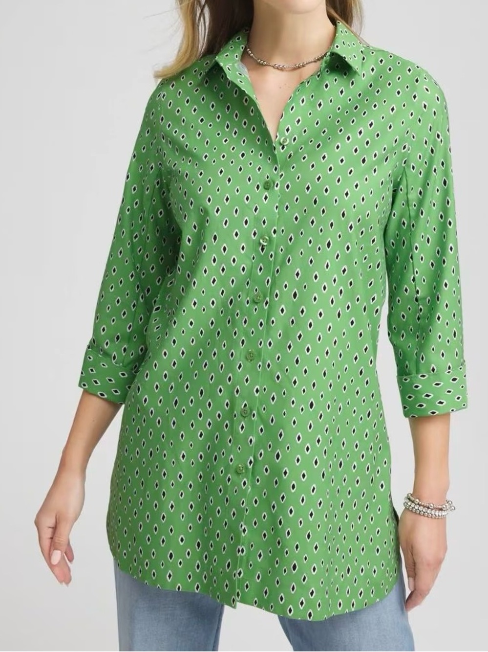 Chico's NWT No Iron Bold Green Geo Print Tunic Shirt LARGE